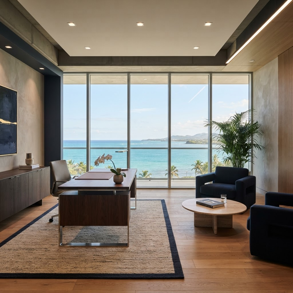 Modern private wealth office overlooking the Puerto Rico coast